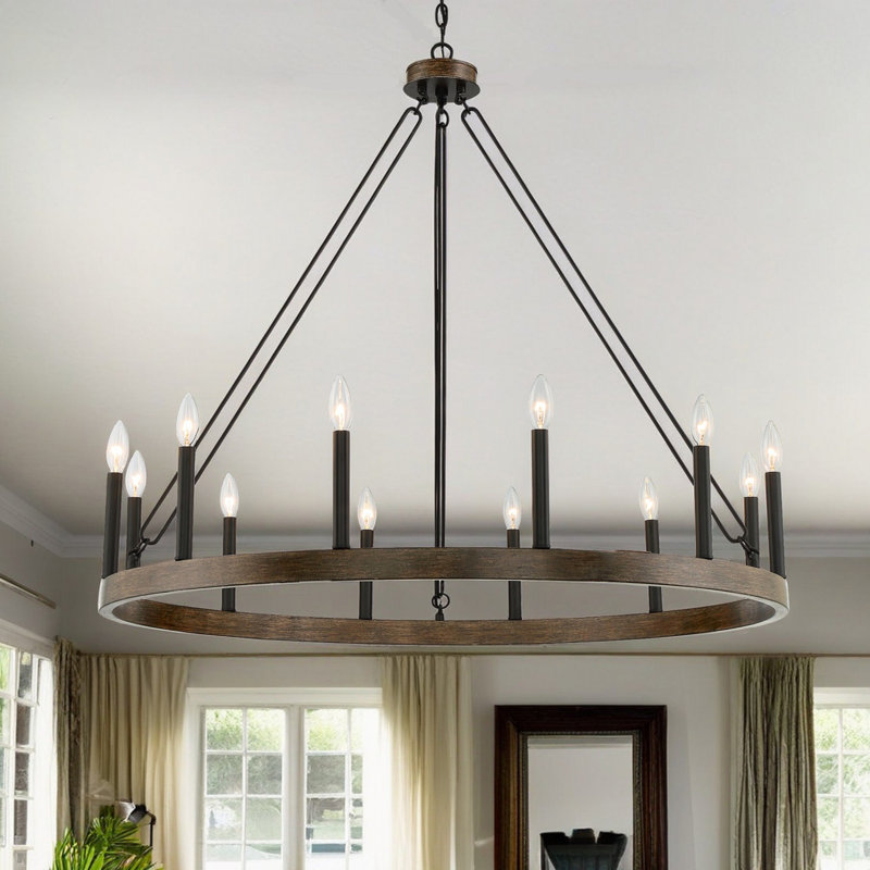 Debbra 12 - Light Candle Style Steel Chandelier Dimmable Wagon Wheel Chandelier, Weathered Walnut/Antique Zinc