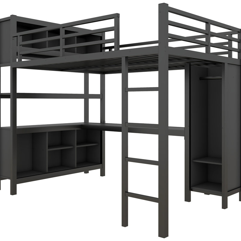 Full Size Metal Loft Bed With Wardrobe And Desk, Black, Storage For Teens Adults Black Size,, Black, Full