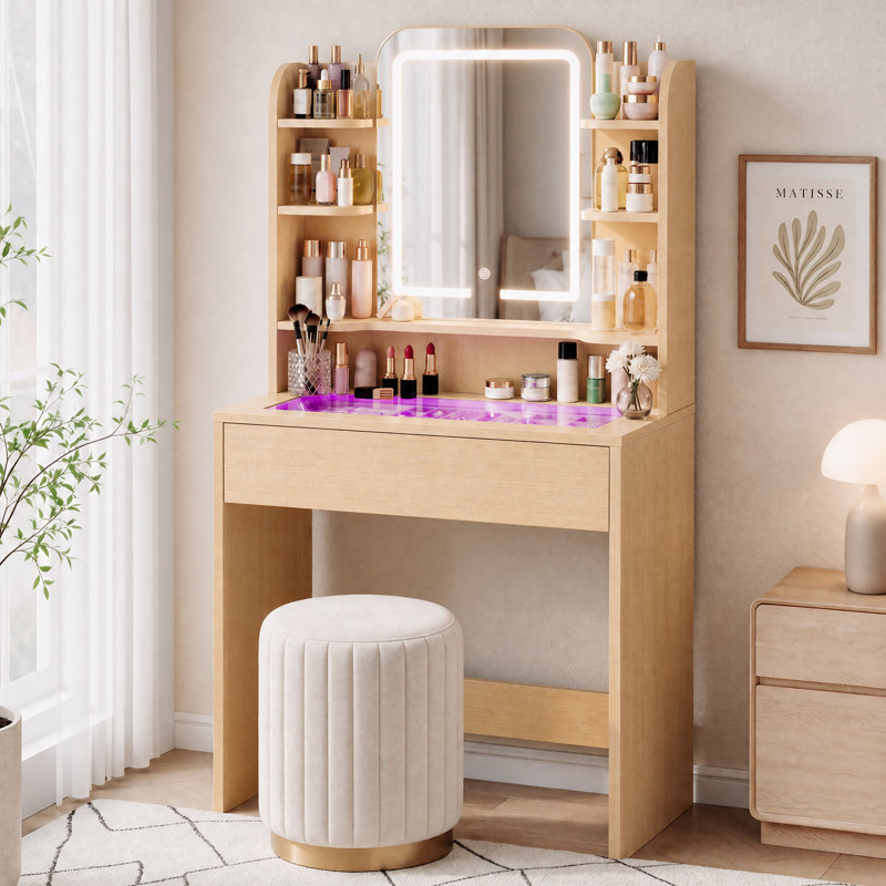 Petite table de coiffeuse avec plateau en verre trempé, miroir à 3 couleurs DEL et tiroir intelligent RVB, application et télécommande, mode pulsation musicale de plus de 6 000 couleurs