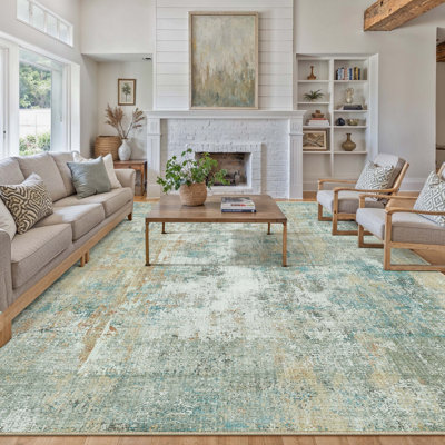 Modern Abstract Washable Rug In Blue/Gold