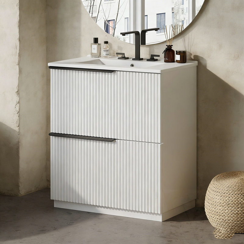 Meuble-lavabo avec lavabo, 2 tiroirs et poignées en métal, Blanc