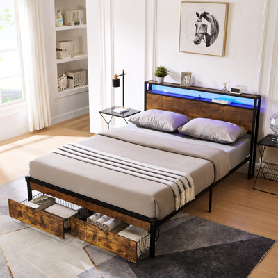 Modern Queen Size Metal Bed Frame With Wooden Head/, Charging, 2 Drawer Storage, Led Lights, No Box Spring, 600 Lbs Capacity, Easy To Assemble Platform Charging Port, Spaces, Spring Needed, Weight