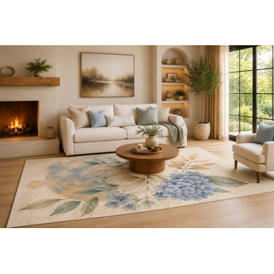 Grand tapis botanique doux bleu clair et beige de 6 pi 7 po x 9 pi 10 po pour salon, tapis doux à poils courts avec envers en silicone antidérapant, décor pour la chambre à coucher, la salle à manger et le bureau personnel