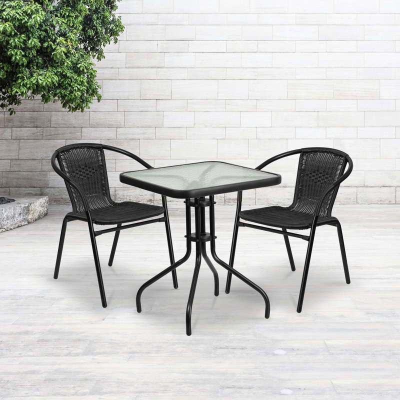 Boswell 23.5" Square Glass Metal Table with 2 Rattan Stack Chairs