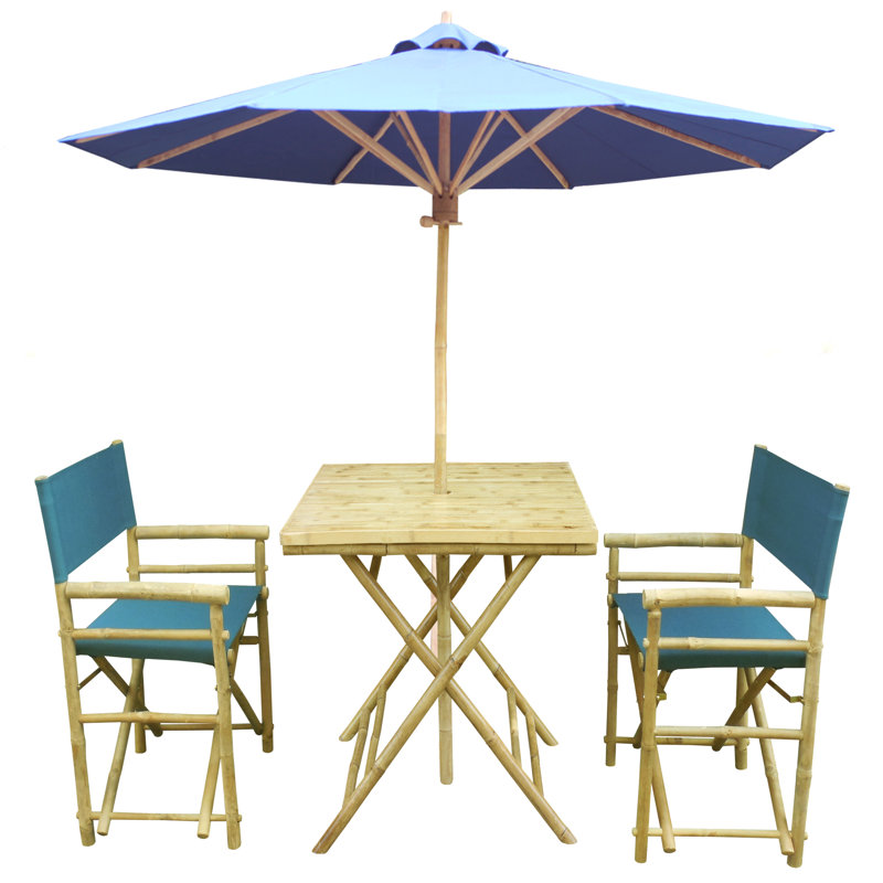 Ensemble bistro 3 pièces avec parasol Sinta, Bleu clair