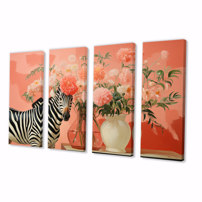 «Zebra I» rose et vert, art mural 4 pièces