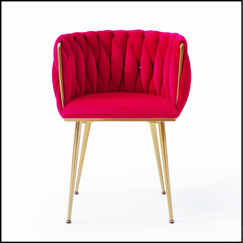 Ensemble de 2 chaises de salle à manger modernes en velours avec dossier tissé et pieds en métal doré, Velours rouge