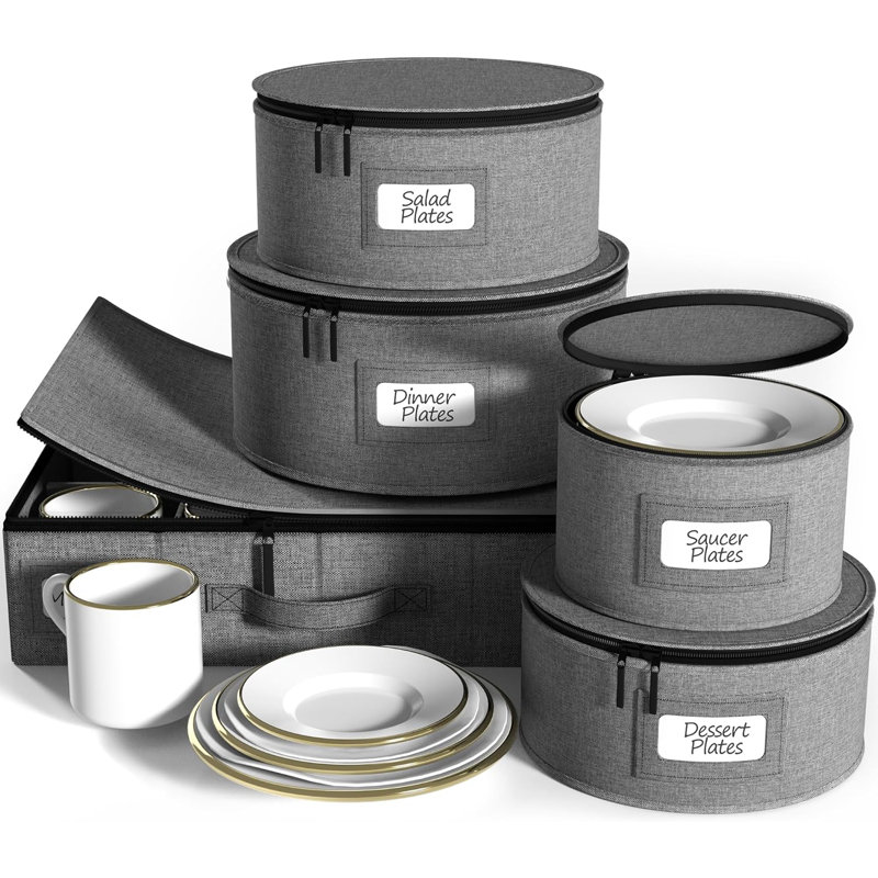 Sorbus 5-Piece Stackable Plate Carrier Set for Dinnerware, Plate Organization and Storage with Felt Plate Protector, Gray