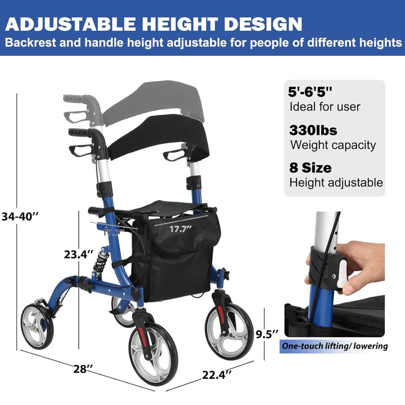 Déambulateurs pour personnes âgées avec siège, déambulateur pliable avec siège, amortisseur, roues en caoutchouc de 12 po, hauteur réglable avec dossier, déambulateurs à cadre léger en aluminium pour personnes âgées