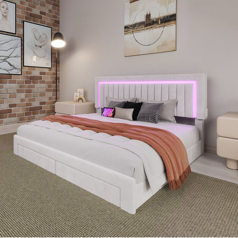Upholstered Storage Platform Bed, White, Queen
