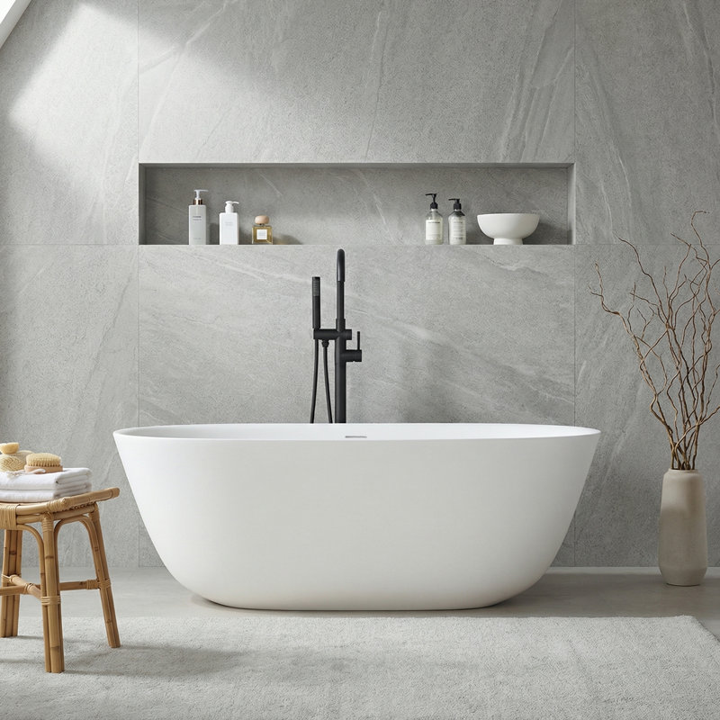 Pensen 63" Solid Surface Freestanding Bathtub, Oval Shaped Soaking Stone Resin Bath Tub With Overflow And Pop Up Drain, Matte White Stand Alone Bathtub, Cupc Certified