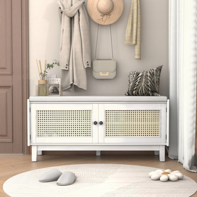 Boho Rattan Entryway Bench With Storage, Cushioned Shoe Bench With Double Doors, Wooden Shoe Organizer Bench For Entryway And Hallway