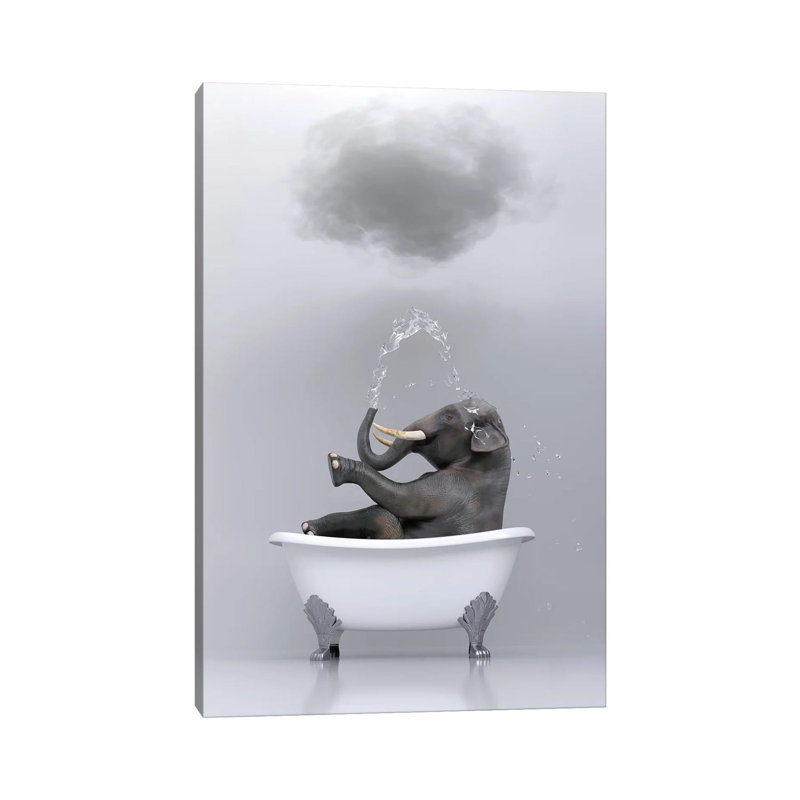 «Elephant Relaxing in the Bath 3» par Mike Kyiv - reproduction d'art, H 26 po x l 18 po x 1,5 po, Toile tendue, Pas de tapis