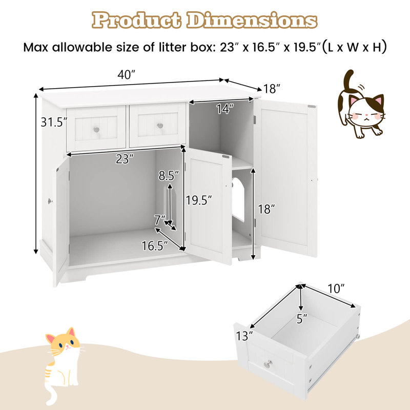 Enceinte de litière pour chat avec 2 tiroirs et 3 portes avec dispositif anti-basculement