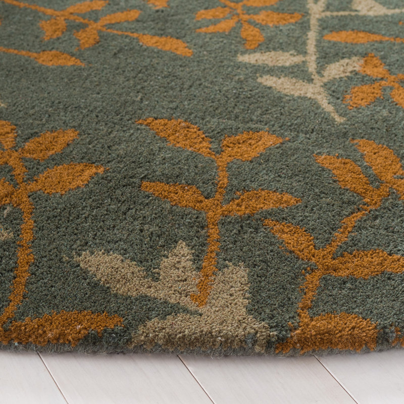 Tapis vert floral en laine touffeté à la main, Rond 6 pi