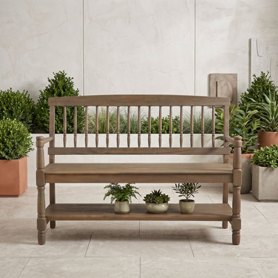 Banc d'extérieur en bois d'acacia avec tablette et structure robuste, siège de rangement rustique pour patio et entrée