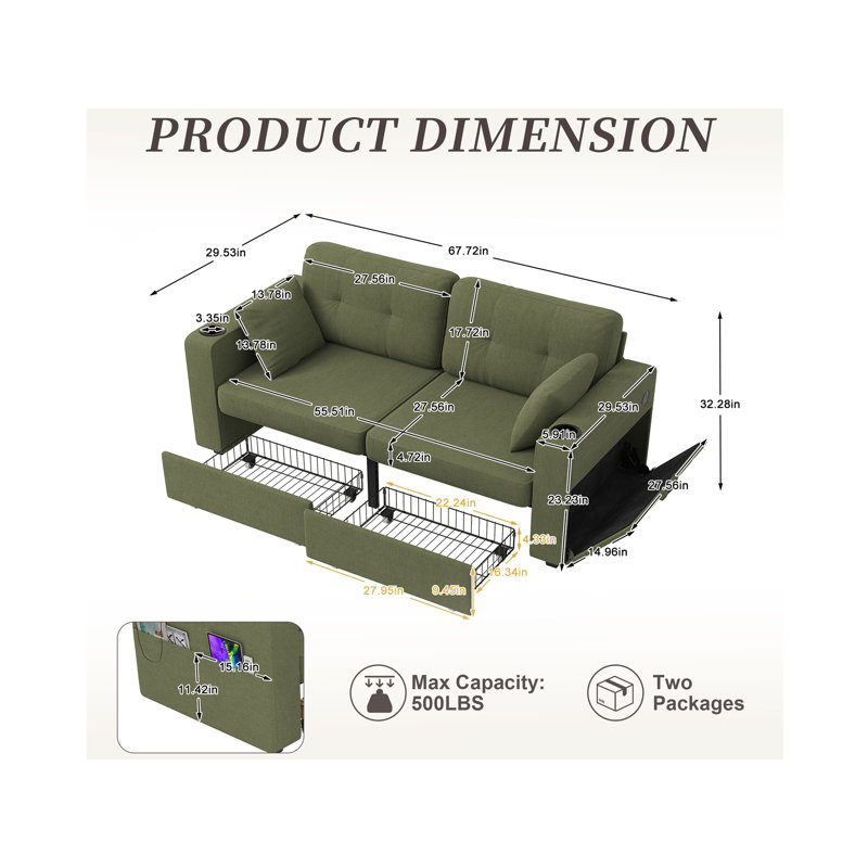 68'' Chenille Sofa With Multi-Functional Armrests, Green