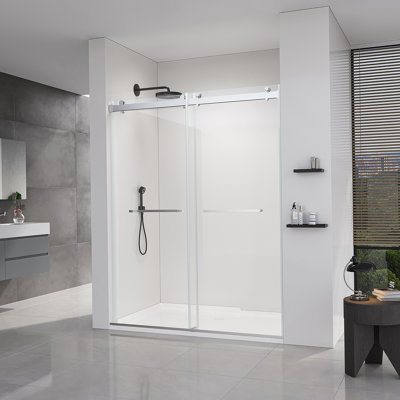 Porte de douche coulissante sans cadre à fermeture en douceur, porte de salle de bain en verre coulissante pour salle de bain