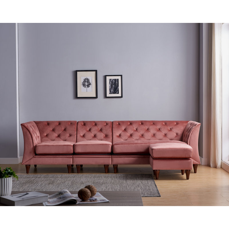 Willer 106" Wide Reversible Modular Corner Sectional with Ottoman, Pink Velvet