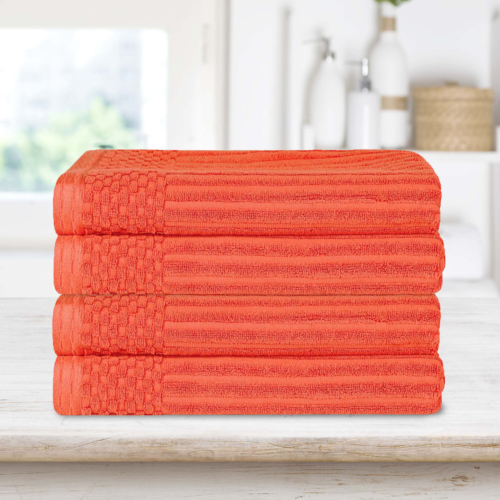 Ribbed Cotton Bath Towel, Coral Orange