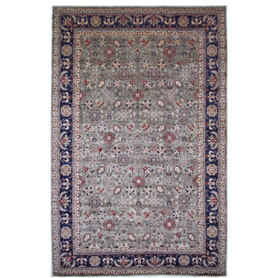 Tapis vert clair et bleu marine noué à la main de haute qualité