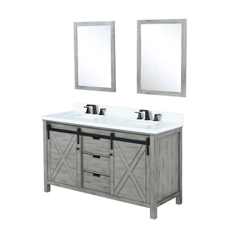 60 po Meuble-lavabo double gris cendré, comptoir en quartz blanc, robinet et 24 miroirs gris antitaches, comptoir, robinet, finition