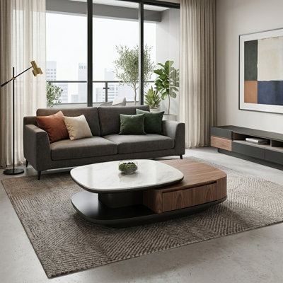 360-Degree Rotating Coffee Table with 2 Drawers, Faux Marble Top & Walnut Veneer, Modern Living Room Table