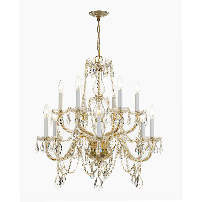 Eivind 12 - Light Glass Tiered Chandelier, Majestic Wood Polish, Polished Brass