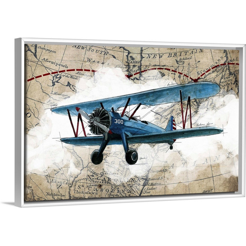 Biplane 1-impression d’art graphique sur toile, H 22 po x l 32 po x P 1,75po, Cadre blanc