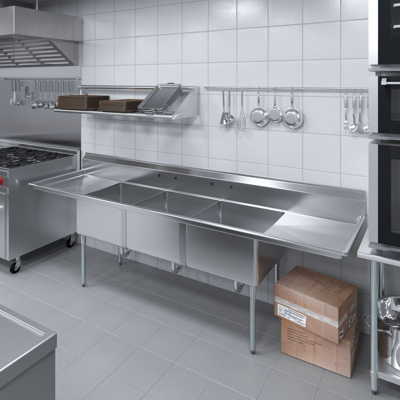 120 in. x 30 in. Stainless Steel Three Compartment Sink With 24 in. x 24 in. x 14 in. Bowls And Dual 24 in. Drainboards