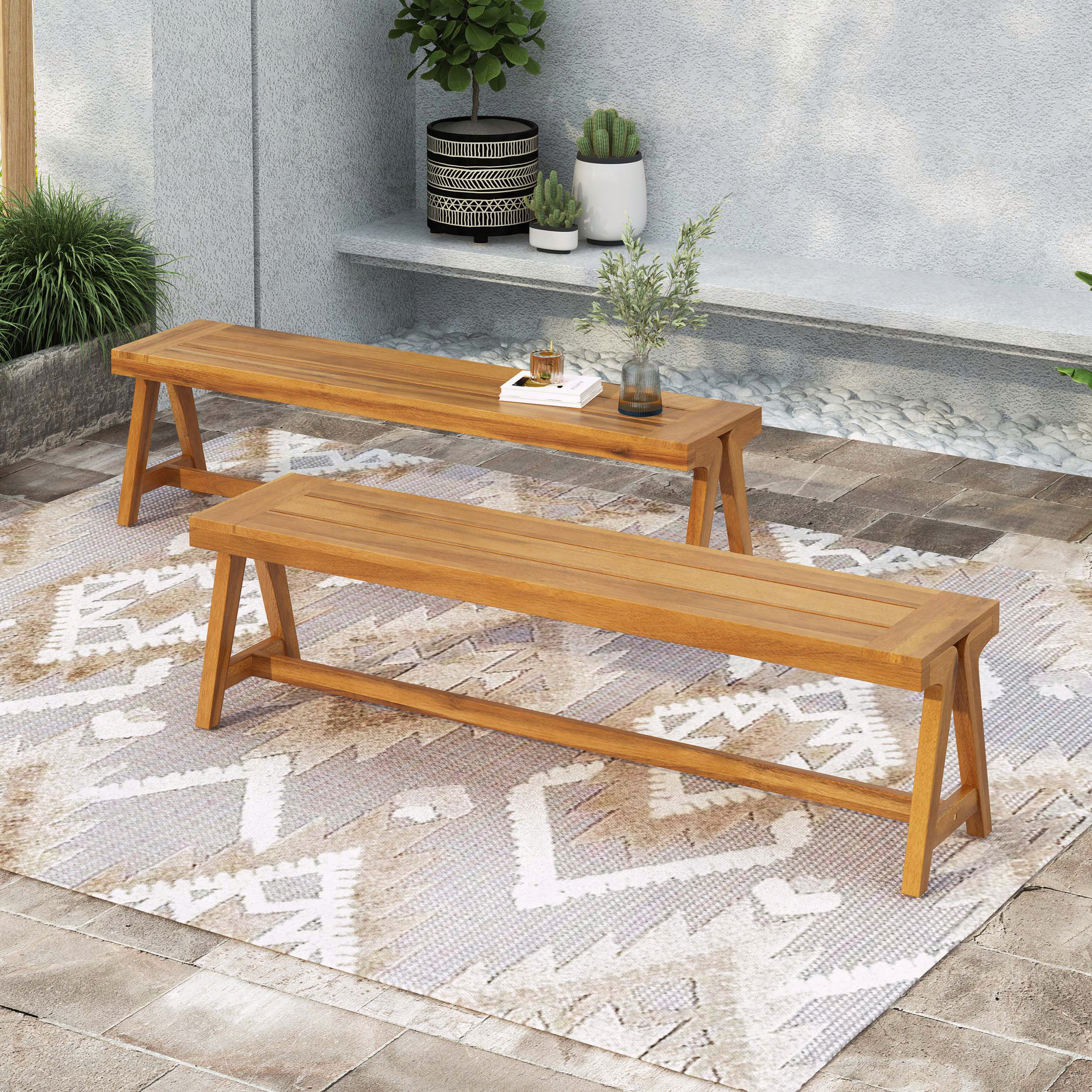 George Oliver Outdoor Dining Benches Acacia Wood All Weather Durable ...