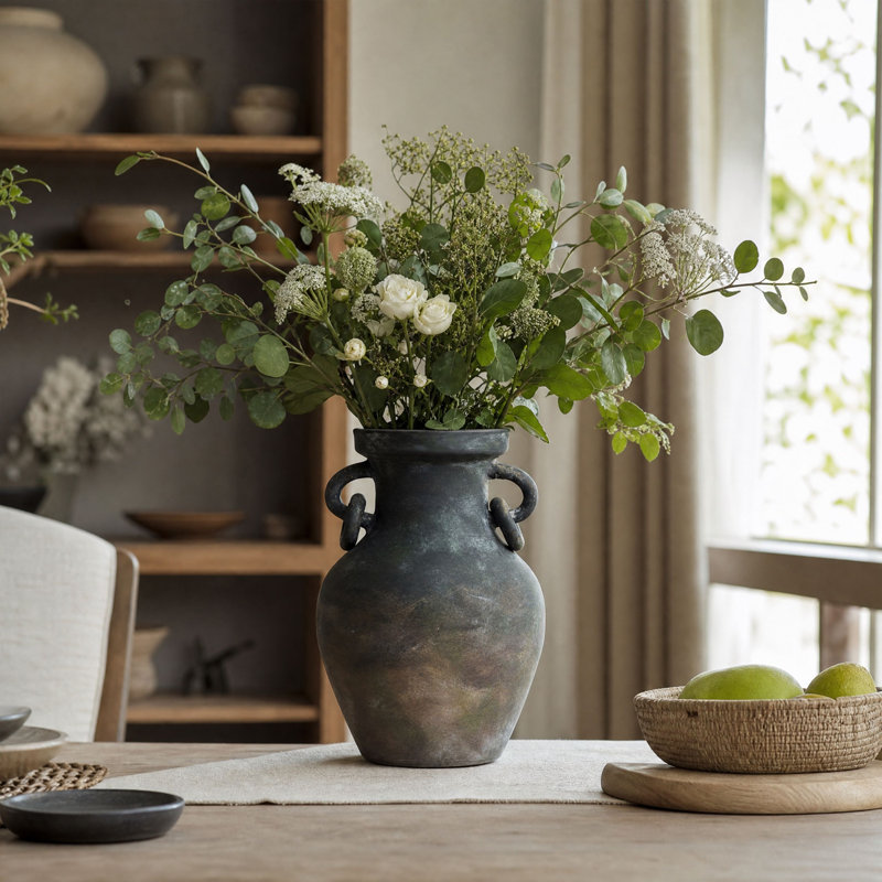 Vase en terre cuite de 32 cm (12,6 po) avec poignées à double anneau, vase de table antique foncé, Foncé antique