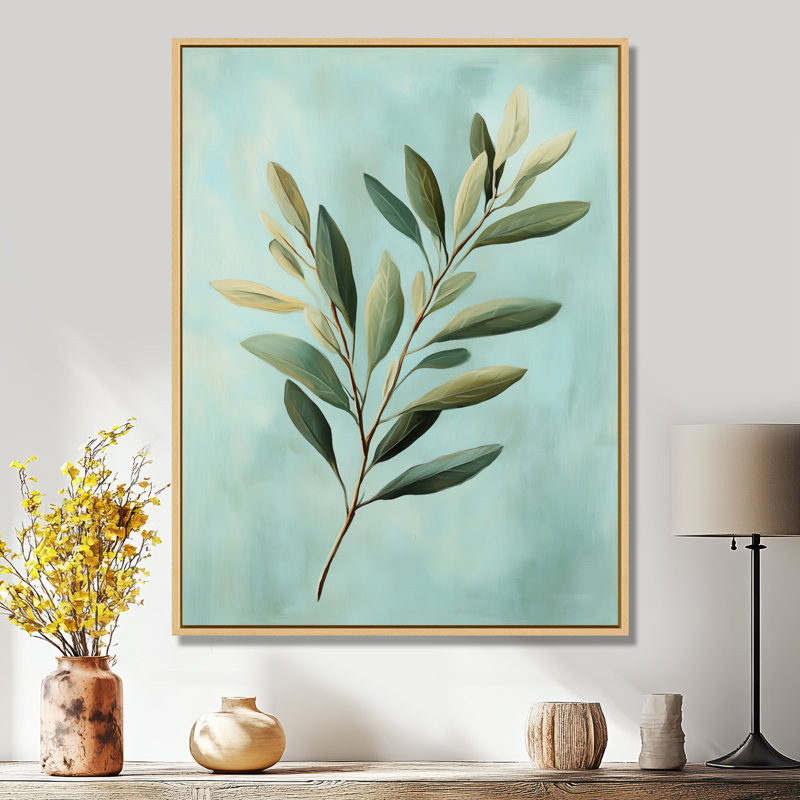 Feuilles ensoleillées sur fond bleu - Impression sur toile botanique, H 44 po x l 34 po, Cadre naturel flottant