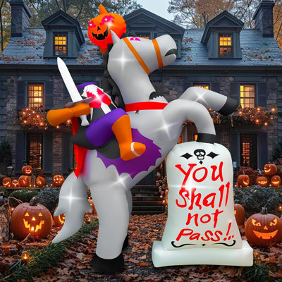 Cavalier gonflable sans tête de citrouille d'Halloween 10 pi avec décoration de pierre tombale, cheval lumineux géant à DEL pour la fête d'Halloween