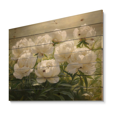 Pétale blanc sérénité de pivoines coucher de soleil I - décorations murales en bois pivoines - sur bois de pin naturel