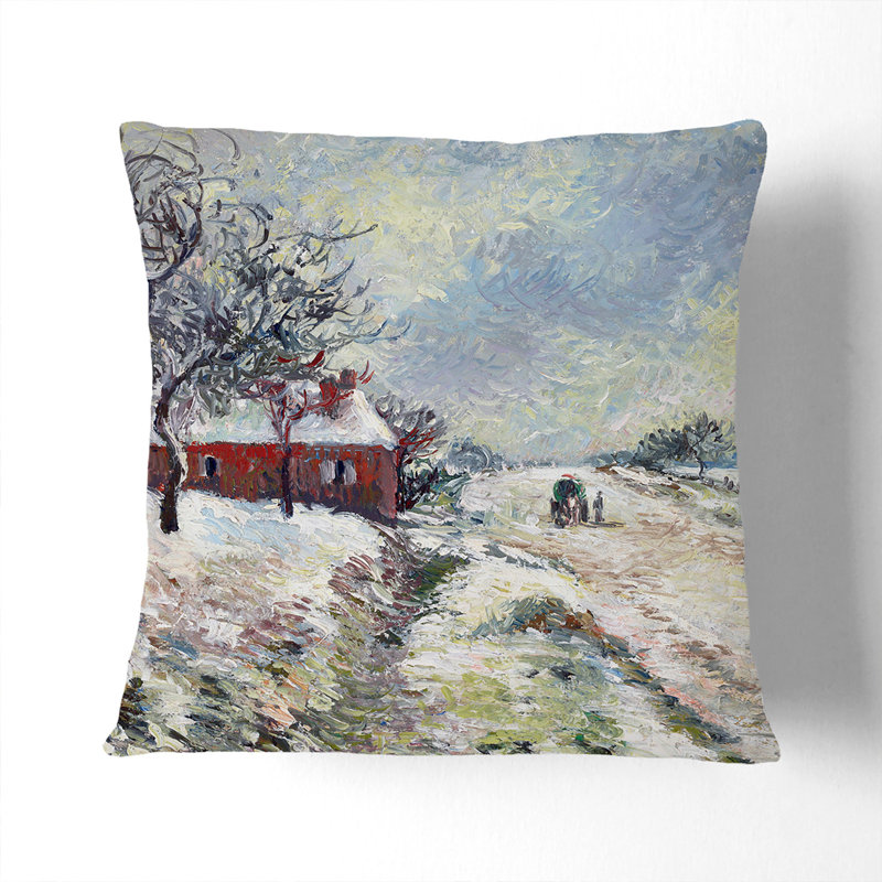 Snowy Road with House Scatter Cushion, 40cm H x 40cm W x 15cm D, White