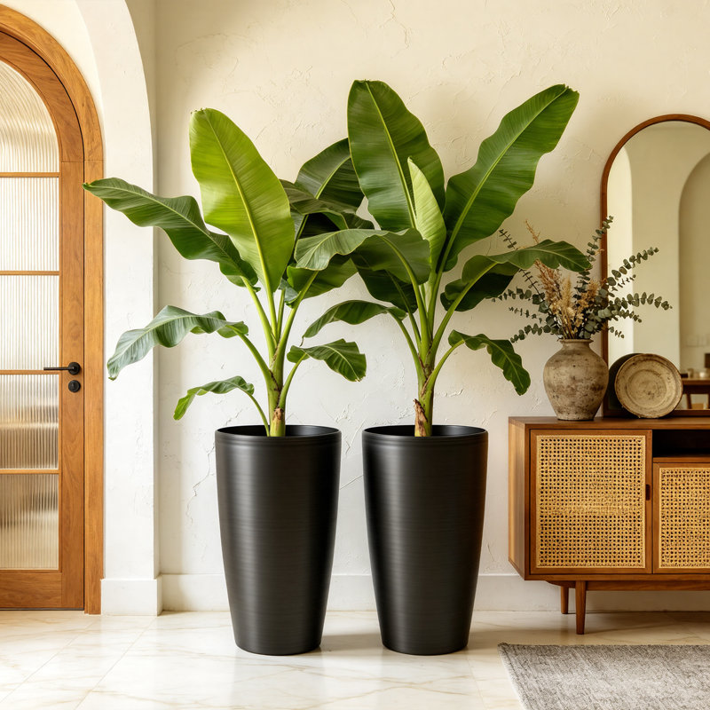 22.8" Weather-Resistant Resin Tall Planter, Large Flower Pots with Handmade Black Metallic Texture