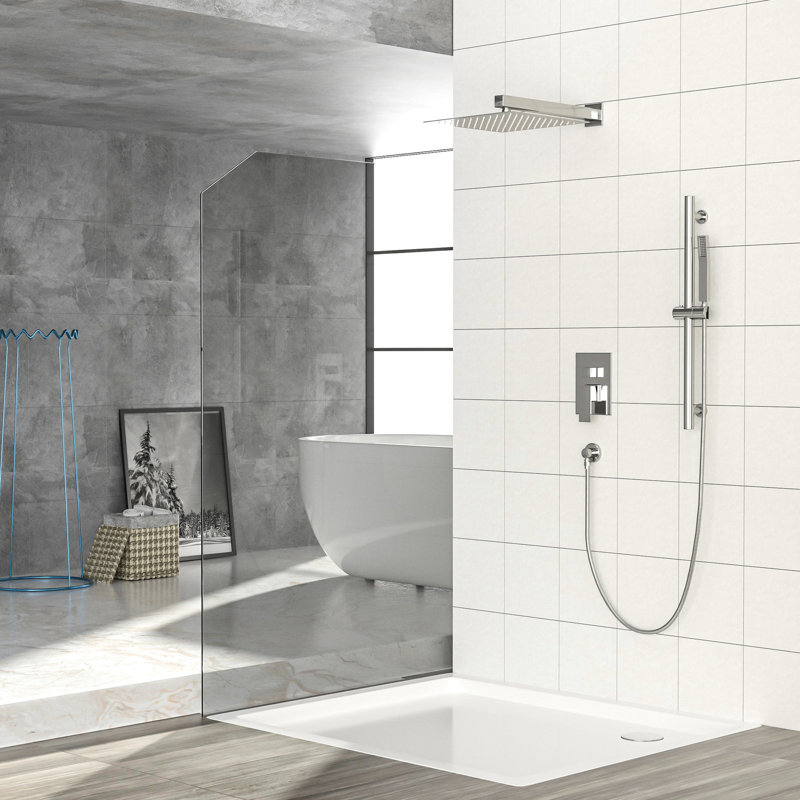 Douche carrée de 12 pouces en nickel brossé - barre coulissante réglable, soupape équilibrée et composant portatif avec tête