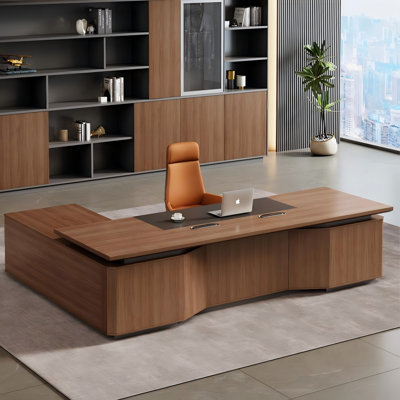110.24"Modern Brown High-End Executive Desk with Side Cabinet, Password Lock & Built-in Power Outlet