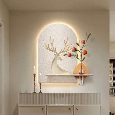 Art mural crème en grès arqué avec découpe de cerf et vase hydroponique pour le salon