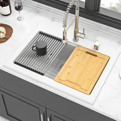 30X22" White Quartz Kitchen Sink Drop - In Workstation, Smooth Non Porous Surface, Eliminates Vibration, Protects Hands, Comes With Colander And Installation Guide Noise, Reduces Dirt, Drying Rack