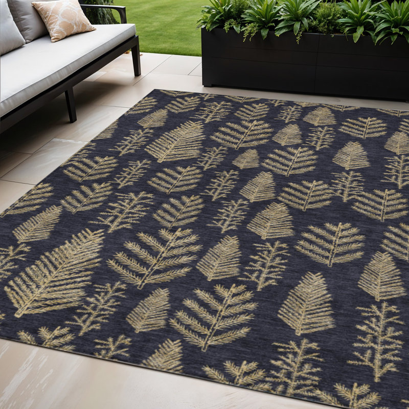 Tapis intérieur/extérieur lavable à motifs d'arbres noirs et dorés (152 x 244 cm).