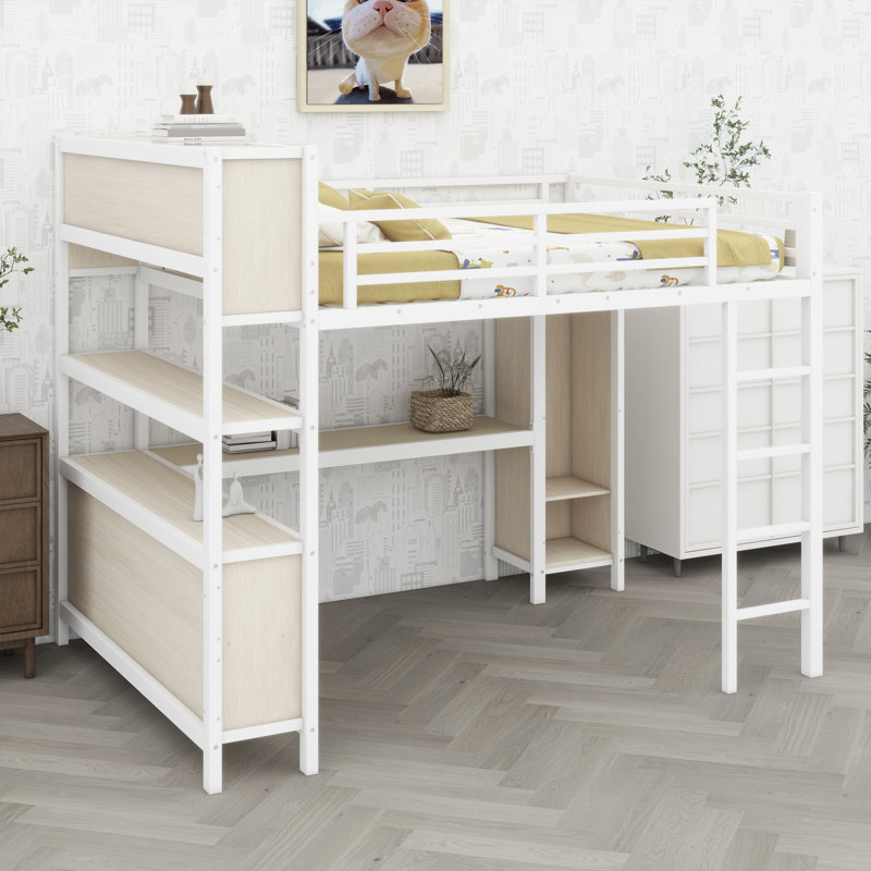 Heavy-Duty Loft Bed With Multi-Functional Layout – Includes Wardrobe, Desk, And Open Shelving, White Straight Grain
