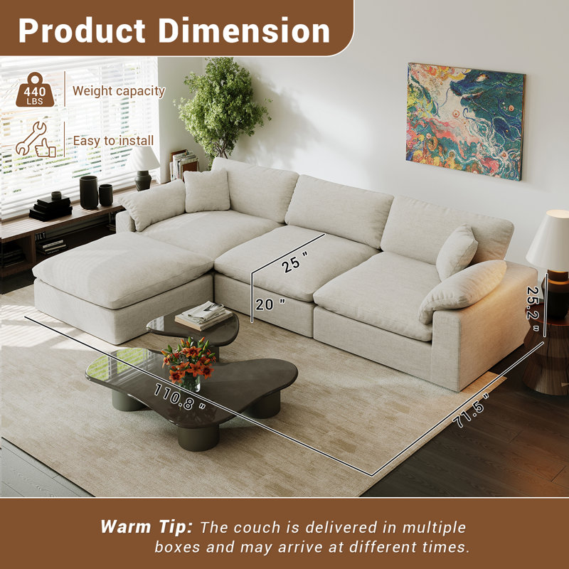 Canapé modulaire rembourré, canapé modulaire Cloud Couch, siège profond pour salon, chambre à coucher, Gris clair