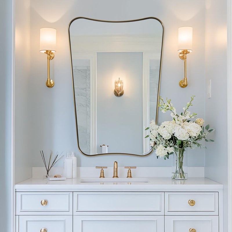 Miroir de salle de bain Contemporary Cadre en acier inoxydable, Or brossé, 36 po x 24 po
