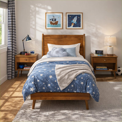 Lit plateforme simple en bois d'acacia massif au fini naturel de style moderne Mid-Century