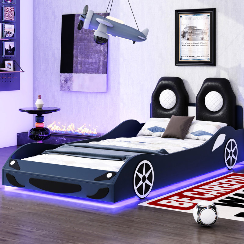 Confortable lit simple en forme de voiture de course avec coussin de dossier à DEL et relaxant, support rembourré en bois bleu - sommeil de qualité