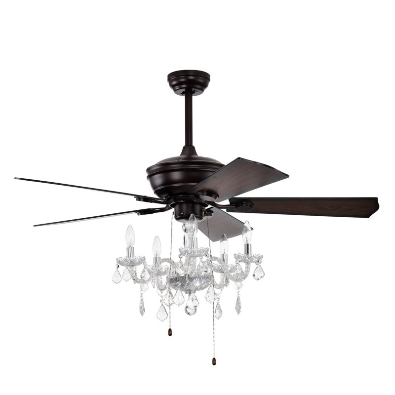 Ventilateur de plafond 52 po à abat-jour en cristal, 3 vitesses, 4 vitesses, 5 pales réversibles en cristal, 5 pièces * E12 (sans ampoule incluse) - Chaîne à tirer à la main