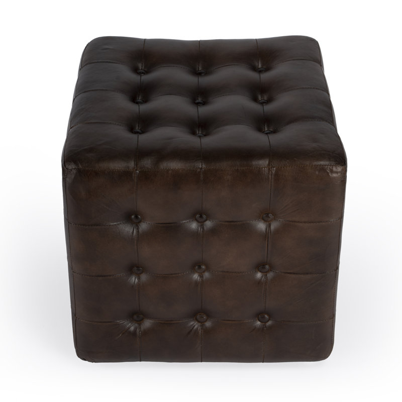 Leon Button Tufted Leather Ottoman, Dark Brown Genuine Leather