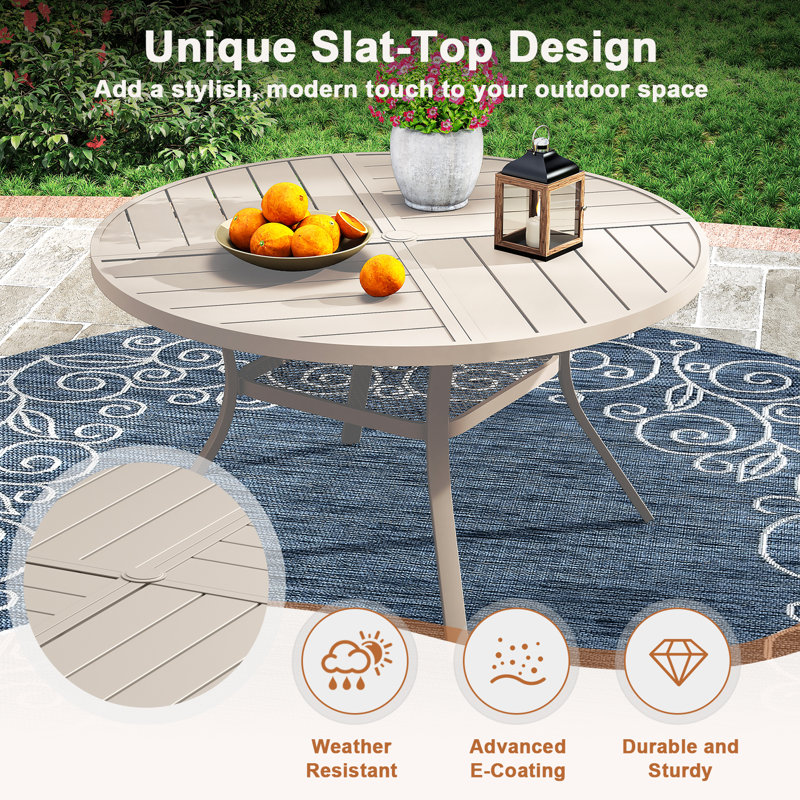Table de salle à manger ronde en métal 40,6 "avec trou pour parasol, Coquillage de sable